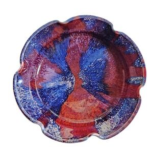 Studio Pottery Bowl  Red Blue Glaze Ruffled Edge  Artisan Trinket Dish 6.75"